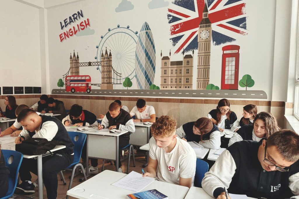 Classroom studying English with British theme